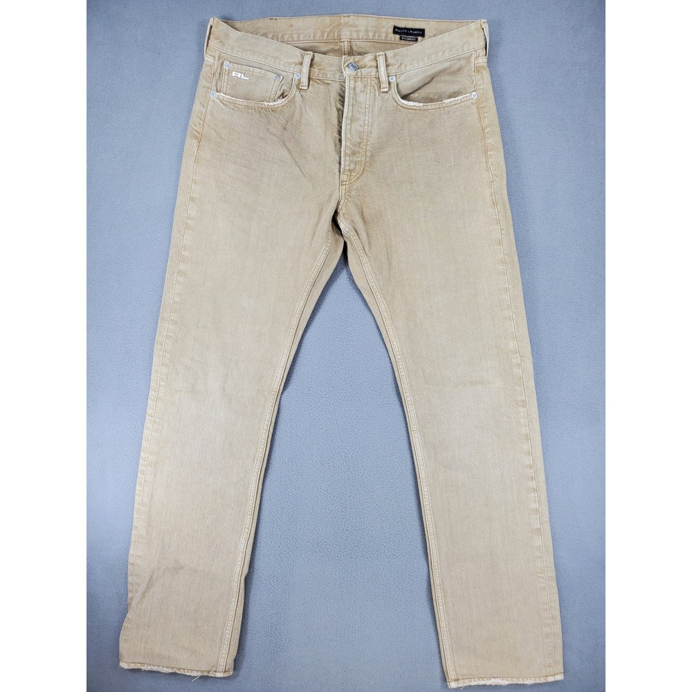 Ralph Lauren Black Label Straight Jeans Men 34x32 Tan Button Fly Cotton RL Logo